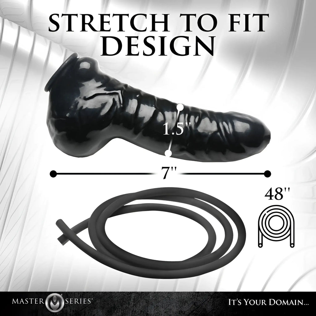 Black silicone stretchable 7 inch guzzler realistic penis sheath with 1.5 inch width and 48 inch flexible tube