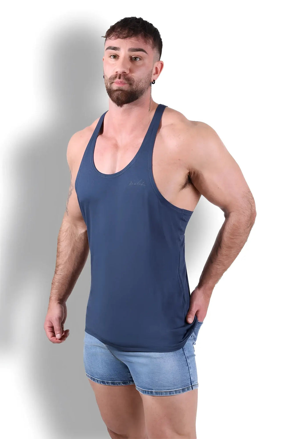 Navy blue gym bae classic workout stringer muscle tank top designed for comfortable workout sessions