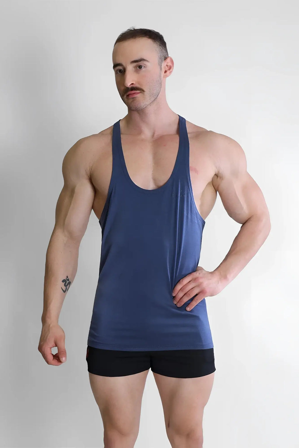 A navy gym bae classic workout stringer muscle tank top with a scoop neckline and thin straps for workouts