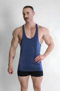 A navy gym bae classic workout stringer muscle tank top with a scoop neckline and thin straps for workouts