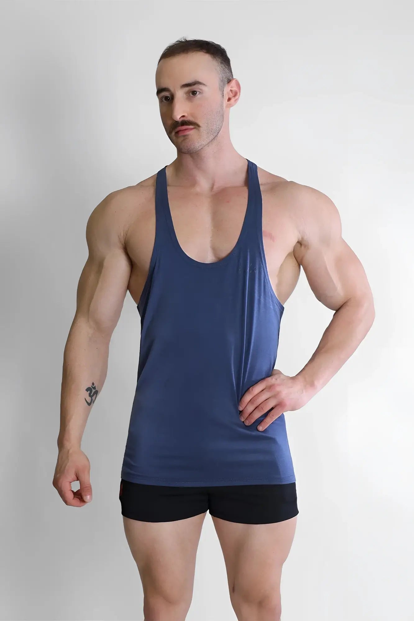 A navy gym bae classic workout stringer muscle tank top with a scoop neckline and thin straps for workouts