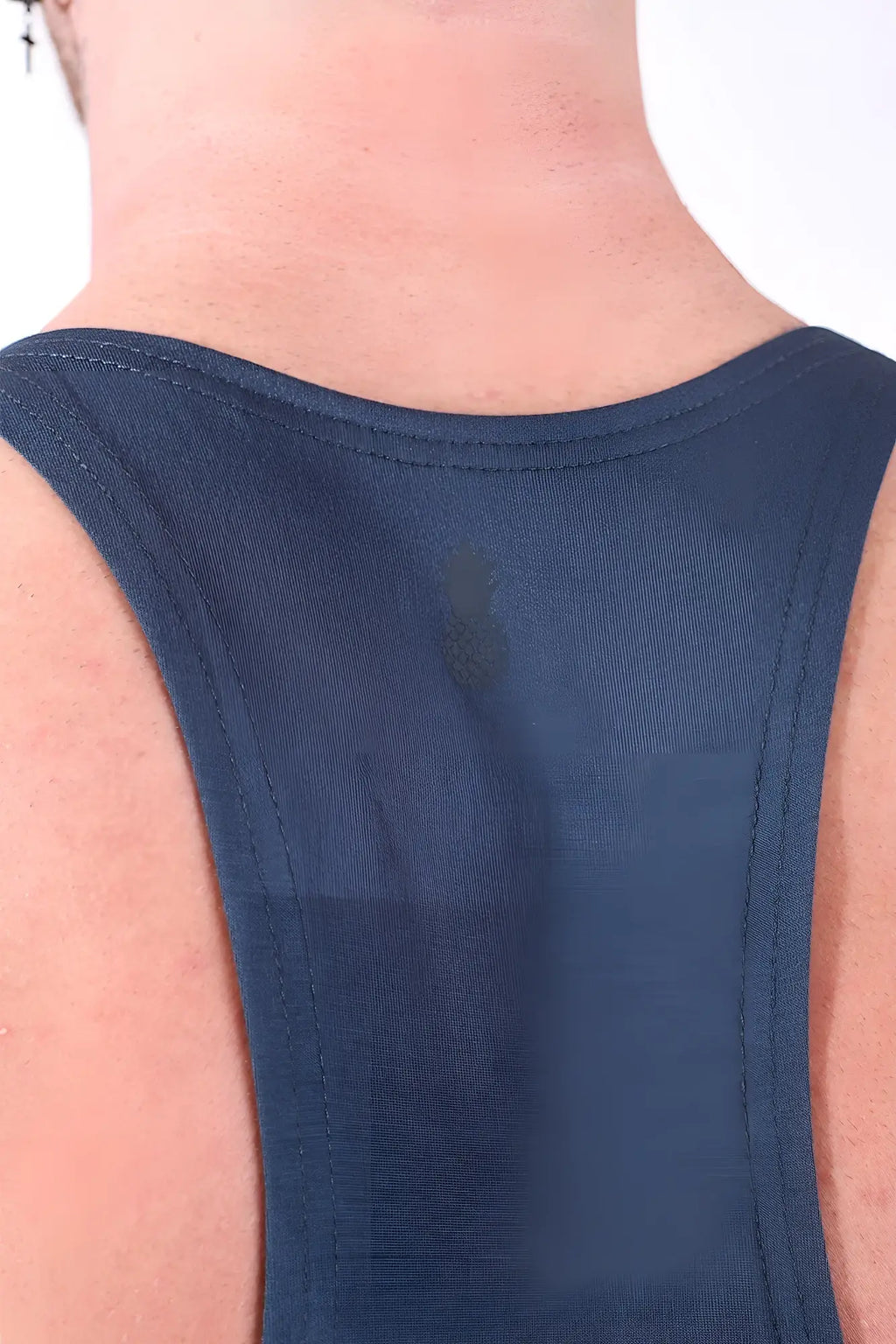 Back view of gym bae classic workout stringer navy racerback tank top with textured weave and embroidered logo