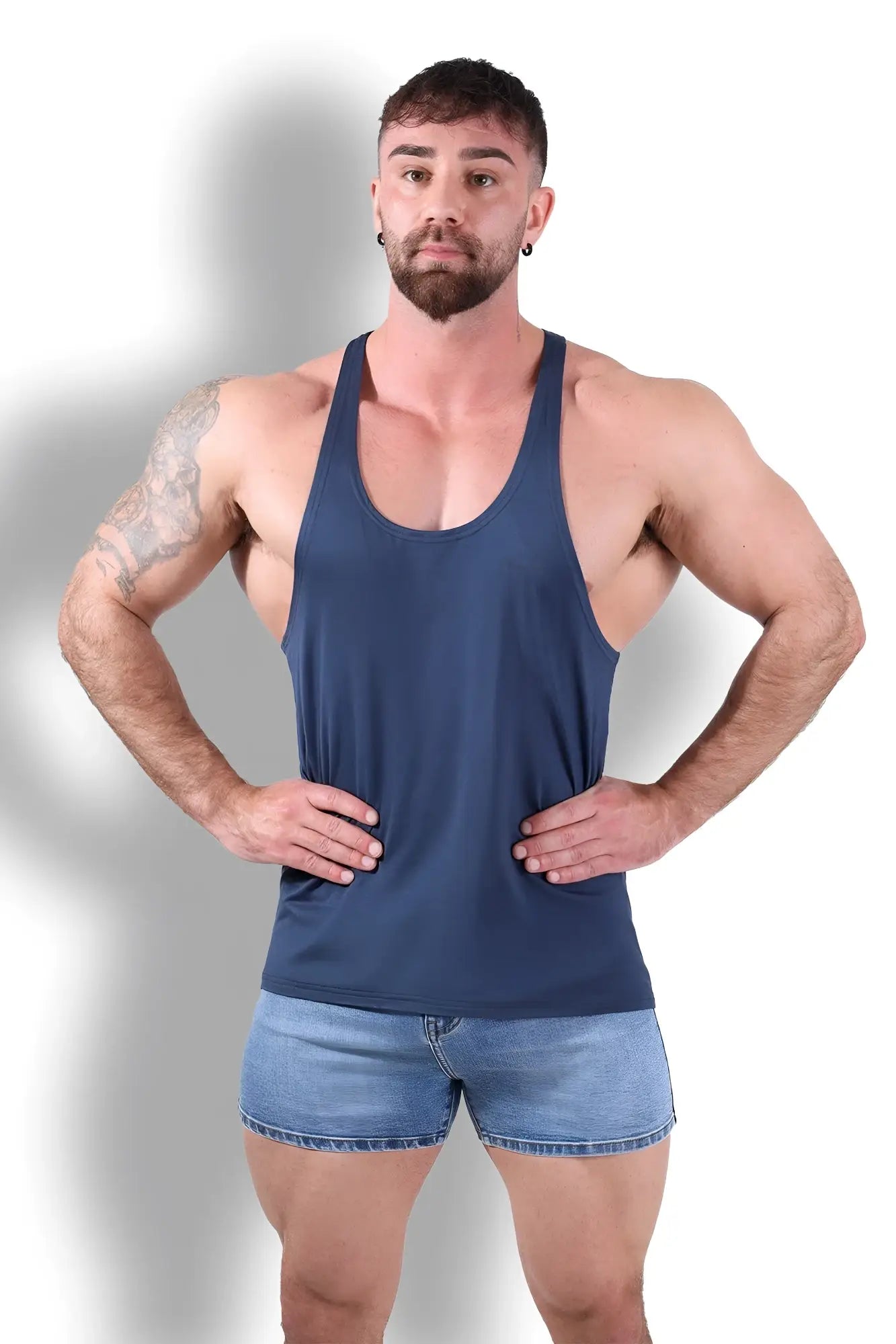 Navy blue gym bae classic workout stringer sleeveless tank top with scoop neckline and relaxed fit