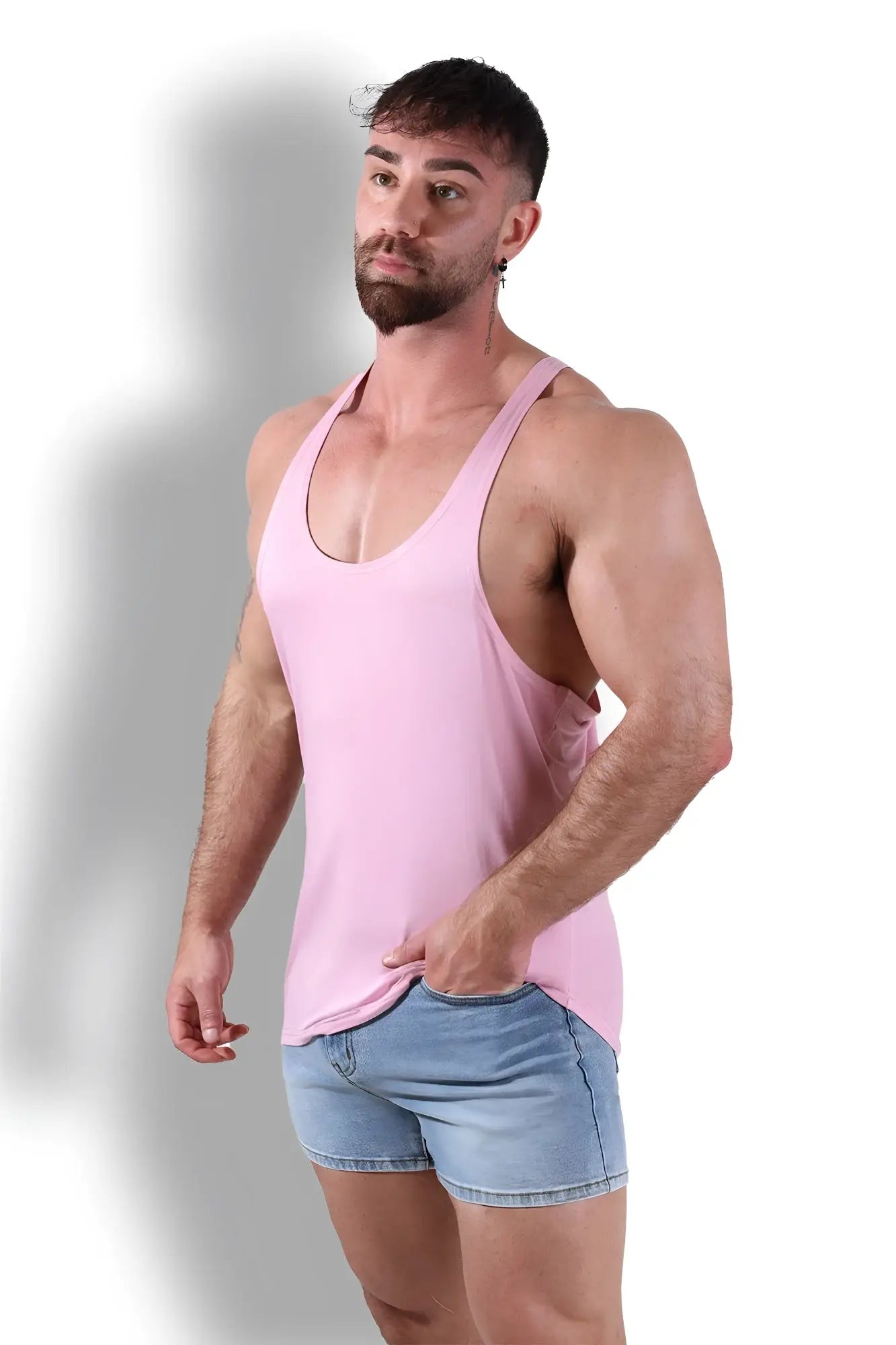 Gym bae classic workout stringer pink soft sleeveless tank top with scoop neckline and side slits for exercise