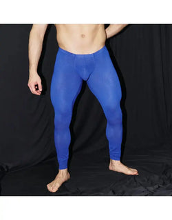 Men's blue mesh runner tights by Arroyman featuring a snug fit and breathable fabric shown on a model.