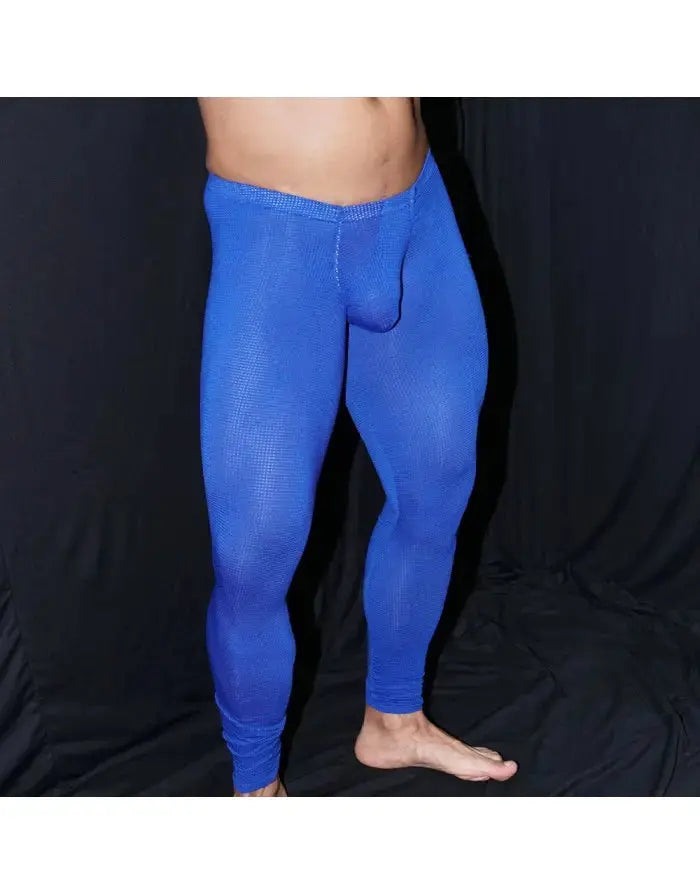 Men's blue mesh runner tights by Arroyman featuring a snug fit and breathable fabric shown on a model.