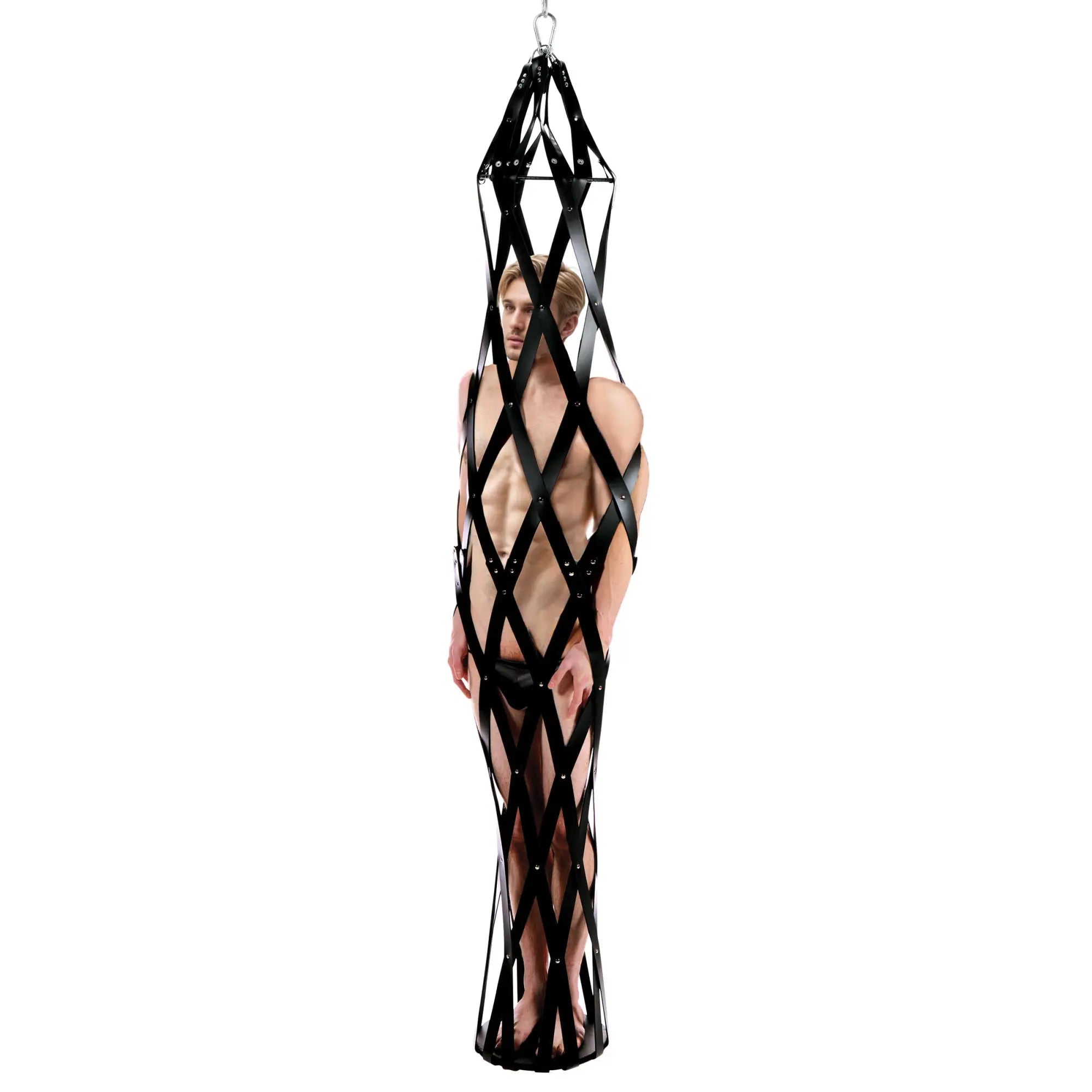 Black leather hanging rubber strap cage harness with diamond-shaped lattice design and metal hardware