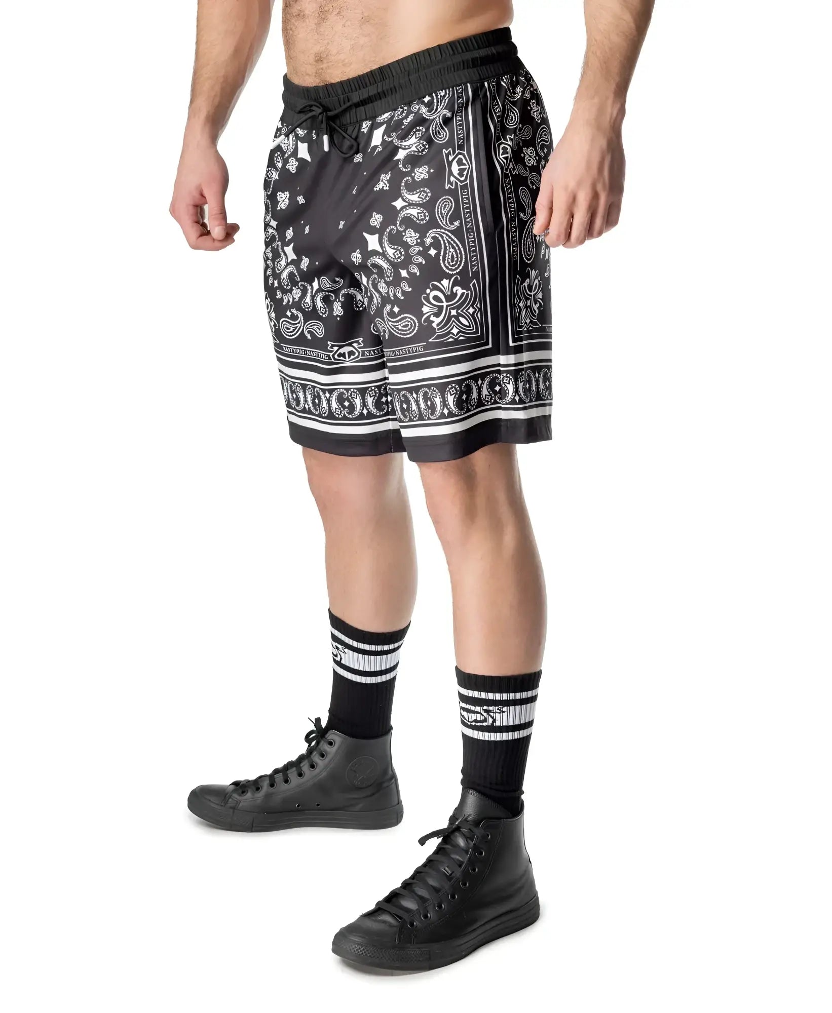 Black bandana-patterned hank classic short with white paisley and border details for casual wear