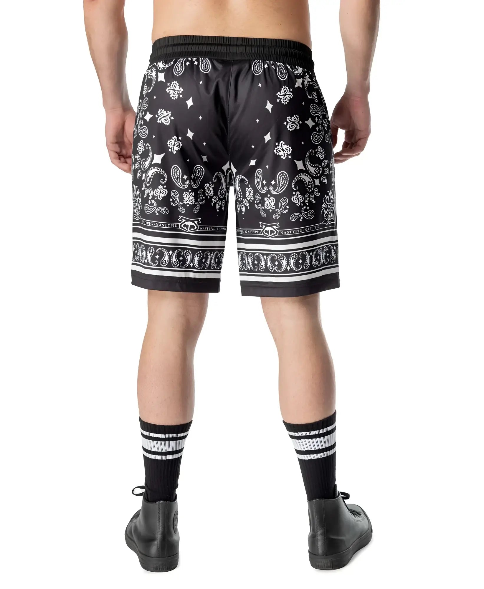 Hank classic short black bandana-patterned shorts with white paisley star motifs ribbed elastic waistband and trim