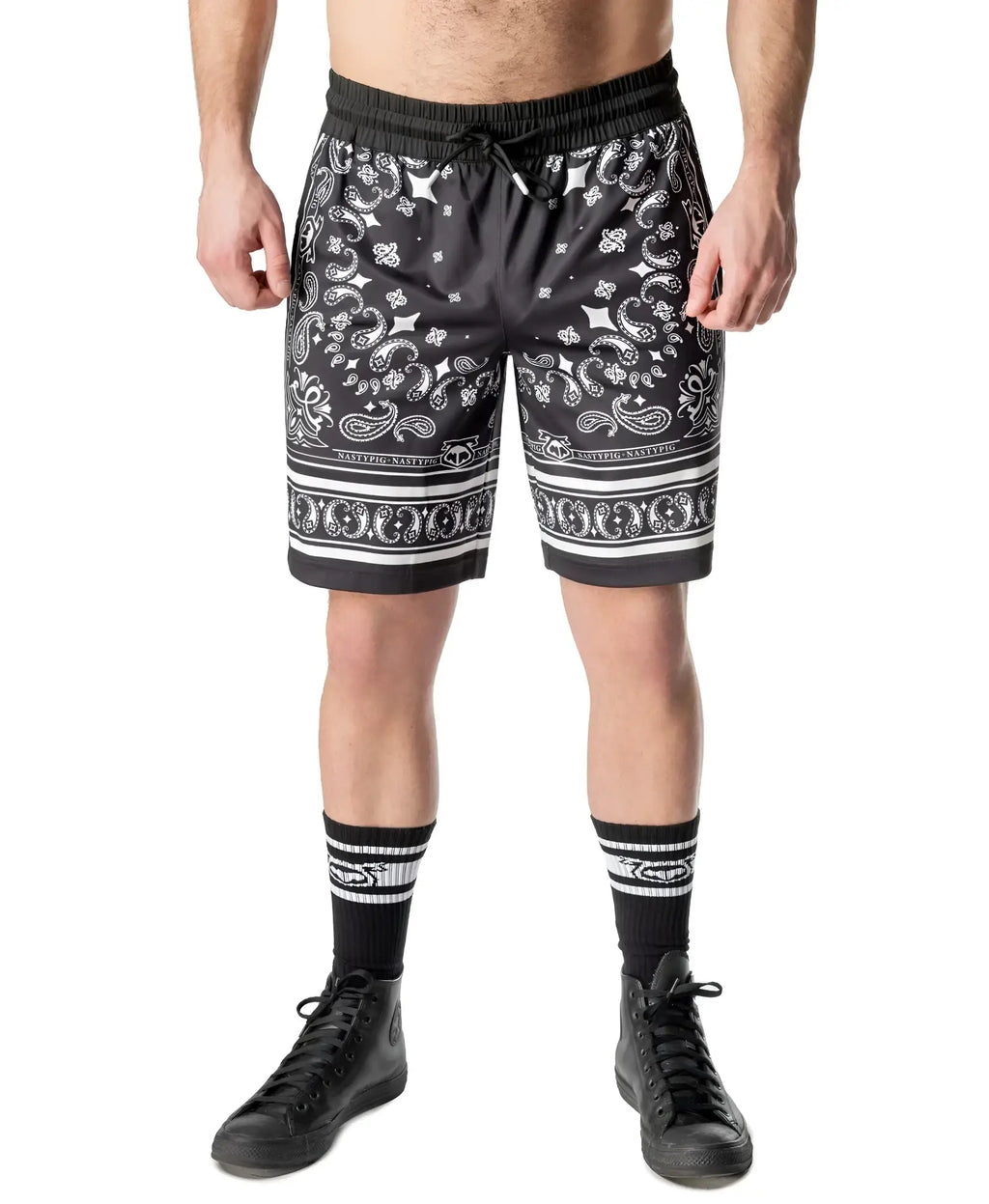Hank classic short black shorts with white bandana pattern elastic waistband drawstring and decorative trim