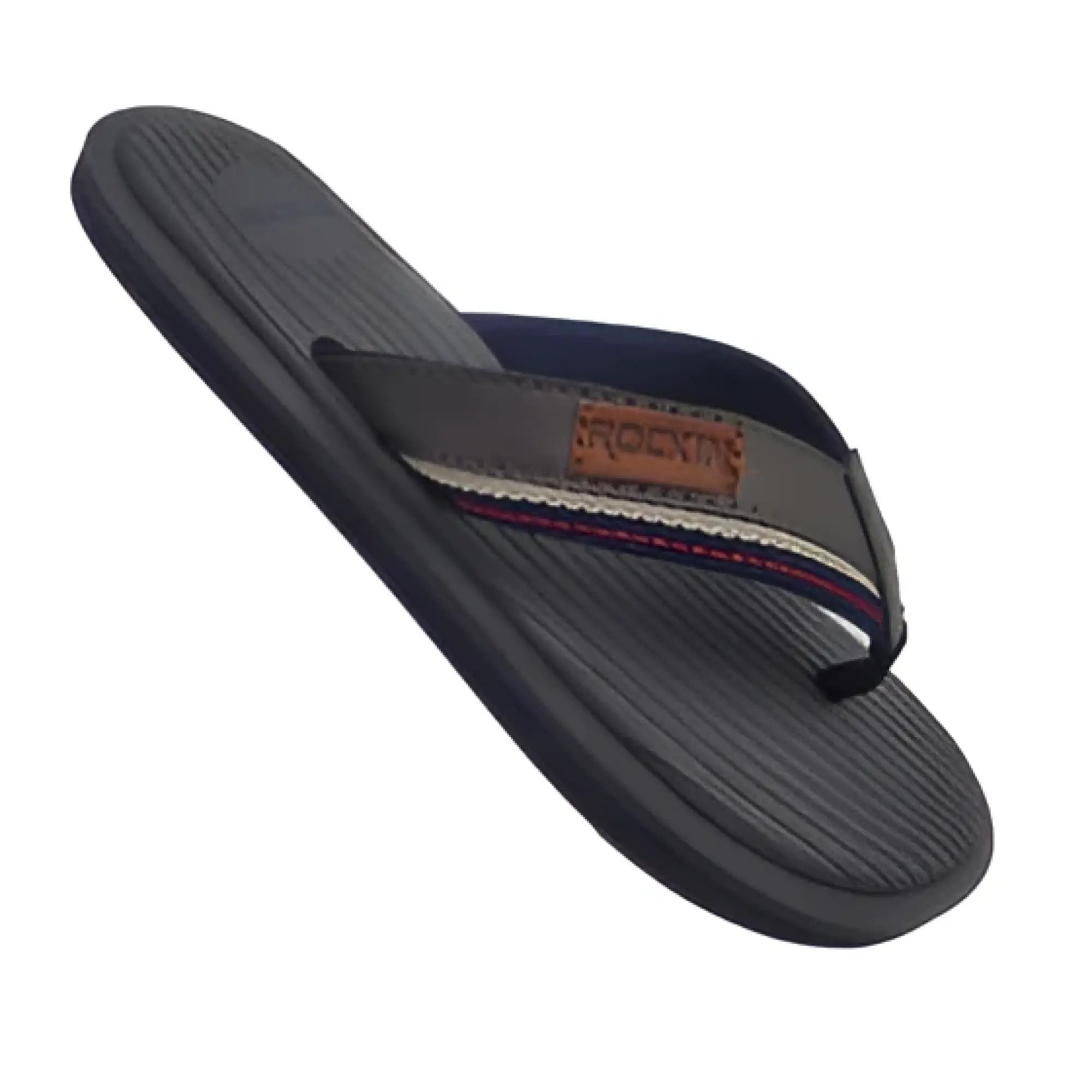Black rubber hanpton sandal flip-flop with dark gray strap featuring orange sandal brand name lettering