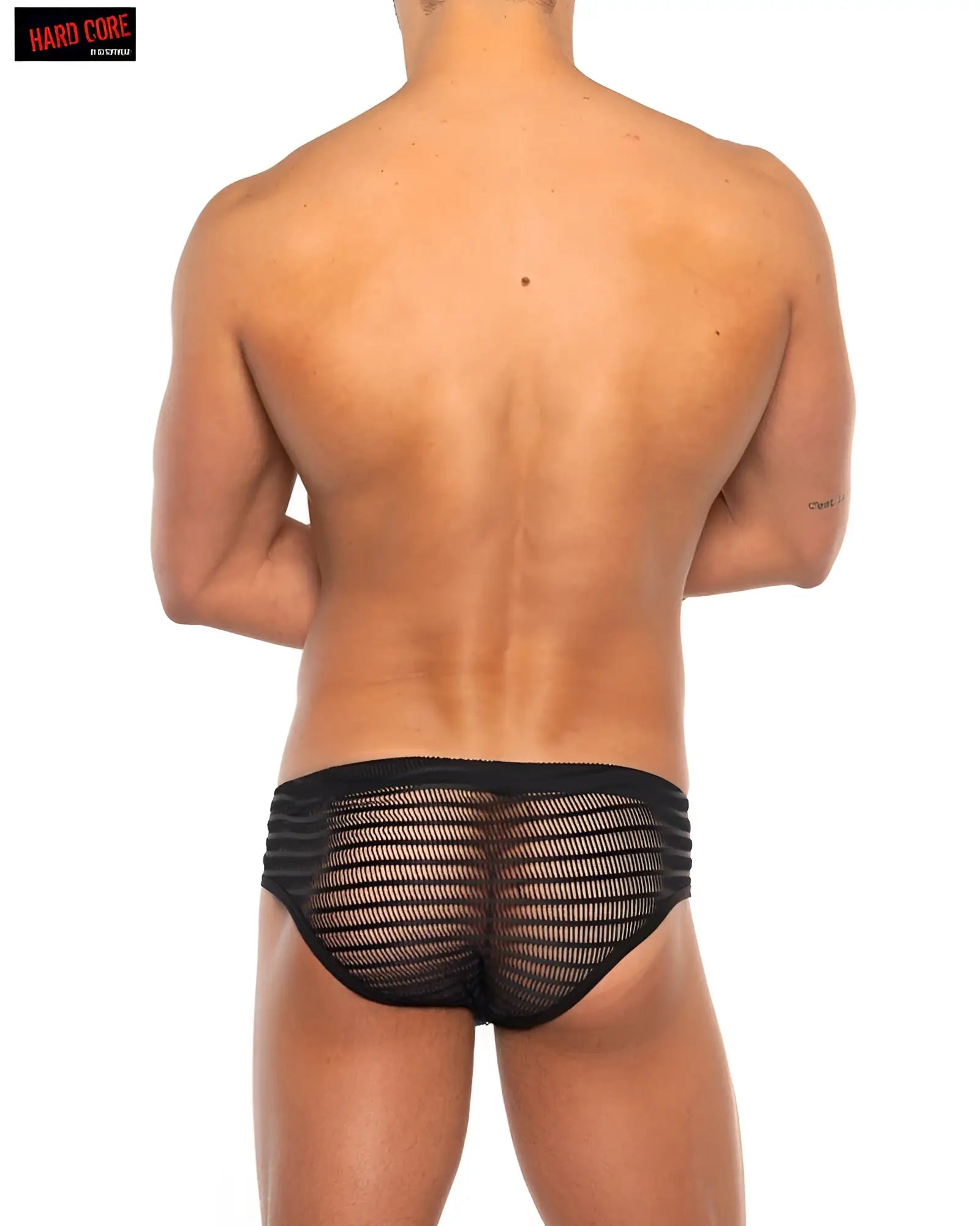Hard core bare bikini black mesh briefs with horizontal striped pattern front view