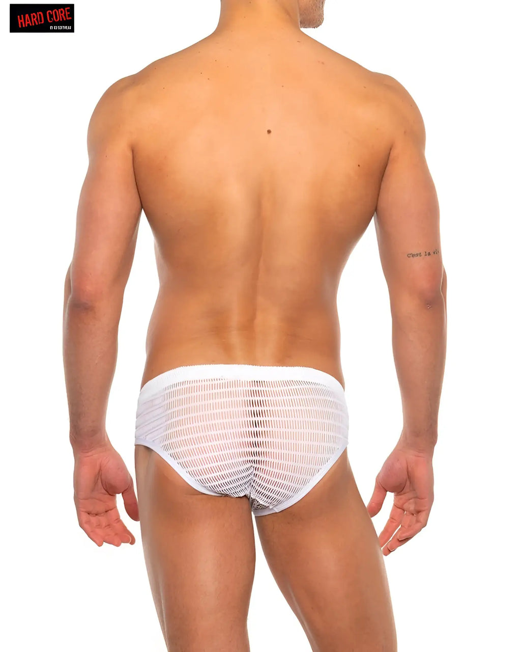 White mesh briefs with a solid white waistband from the hard core bare bikini collection showing the front side