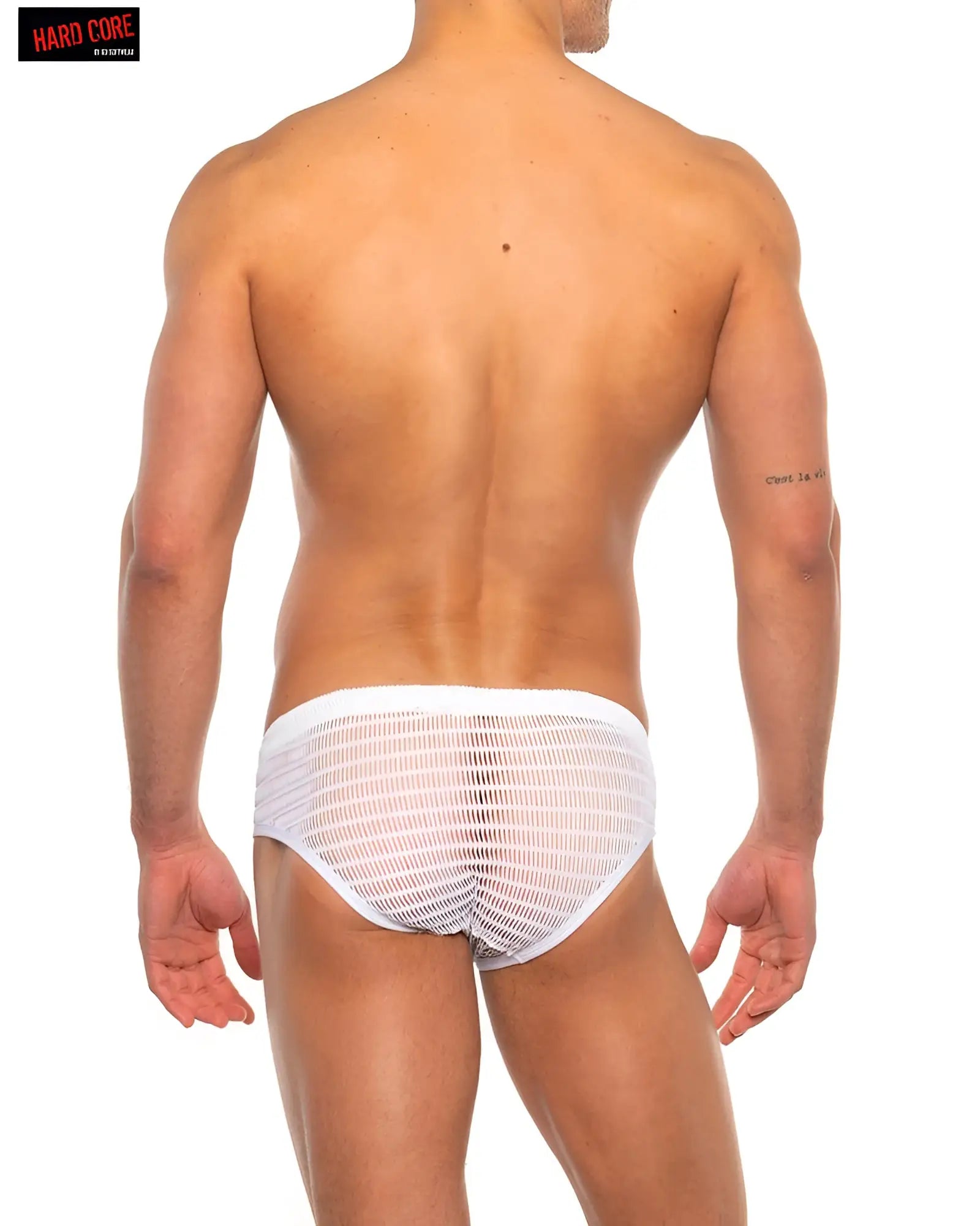 White mesh briefs with a solid white waistband from the hard core bare bikini collection showing the front side