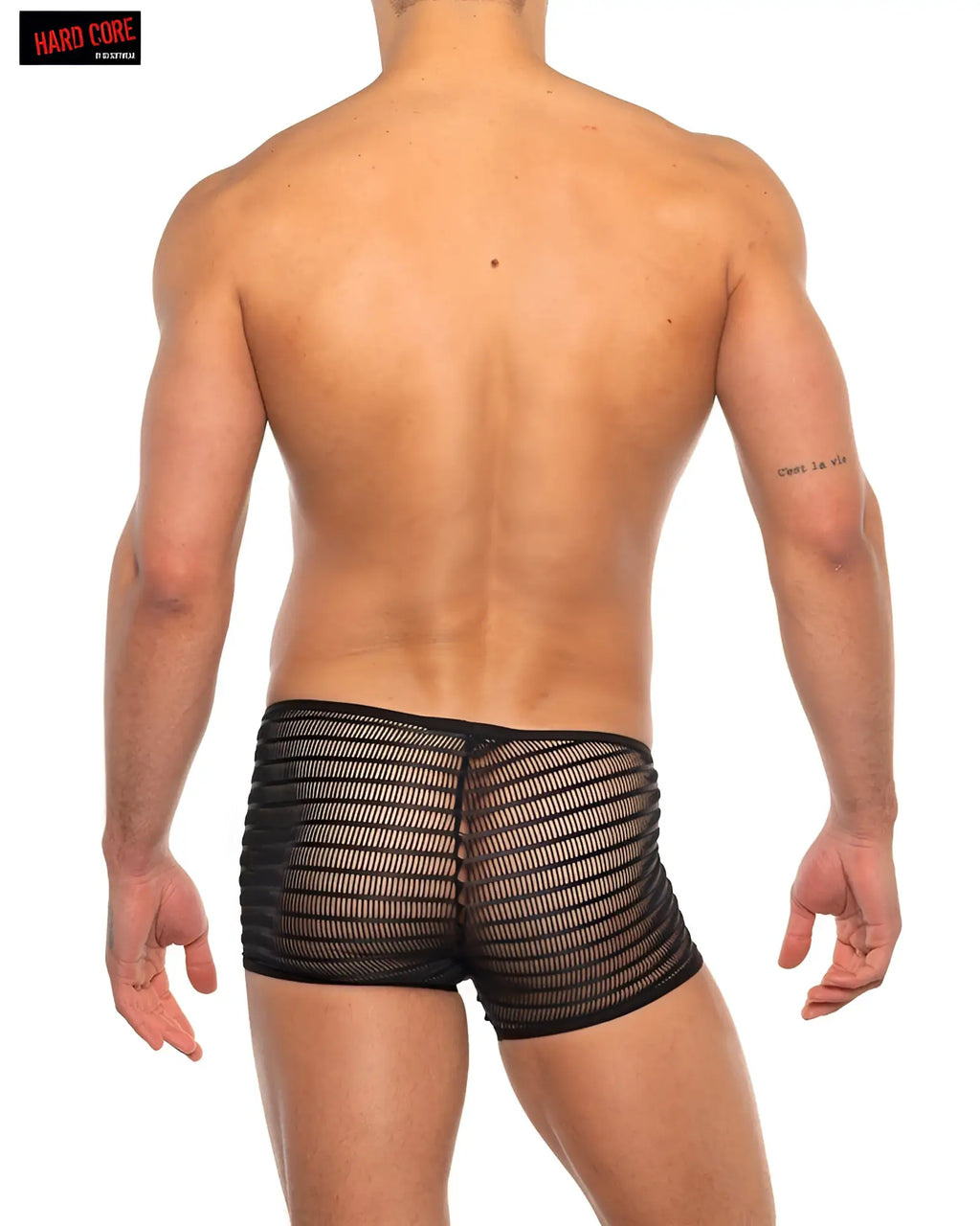 Black mesh hard core bare mini trunk briefs with striped pattern designed for comfortable everyday wear