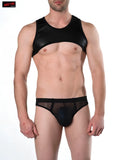 Black satin tank top with sheer mesh front panel from hard core harness collection