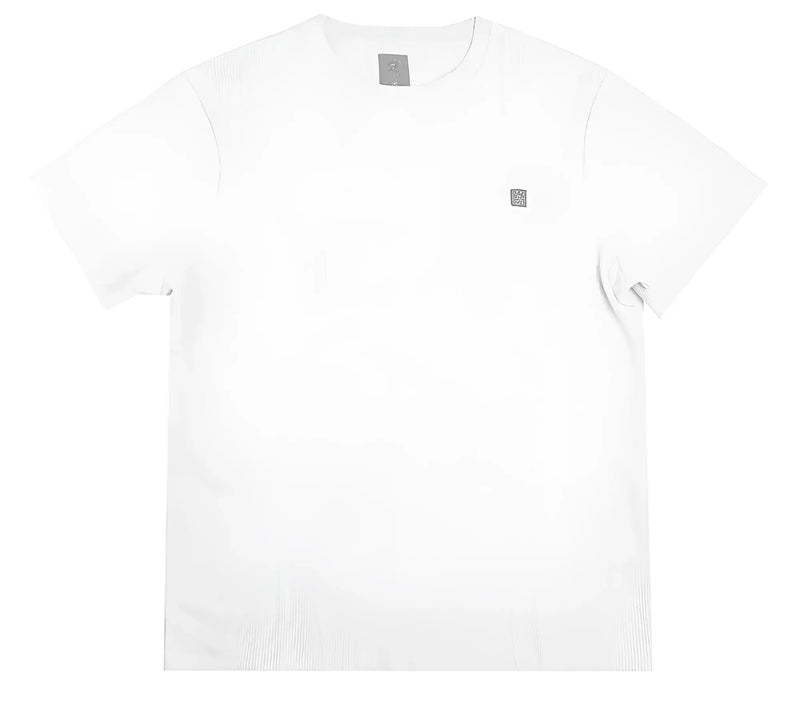 White hard luck waffle weave tee with short sleeves and subtle gray square logos on collar and chest