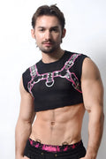 Black mesh harness crop top with pink and black straps and silver hardware for edgy fashion looks