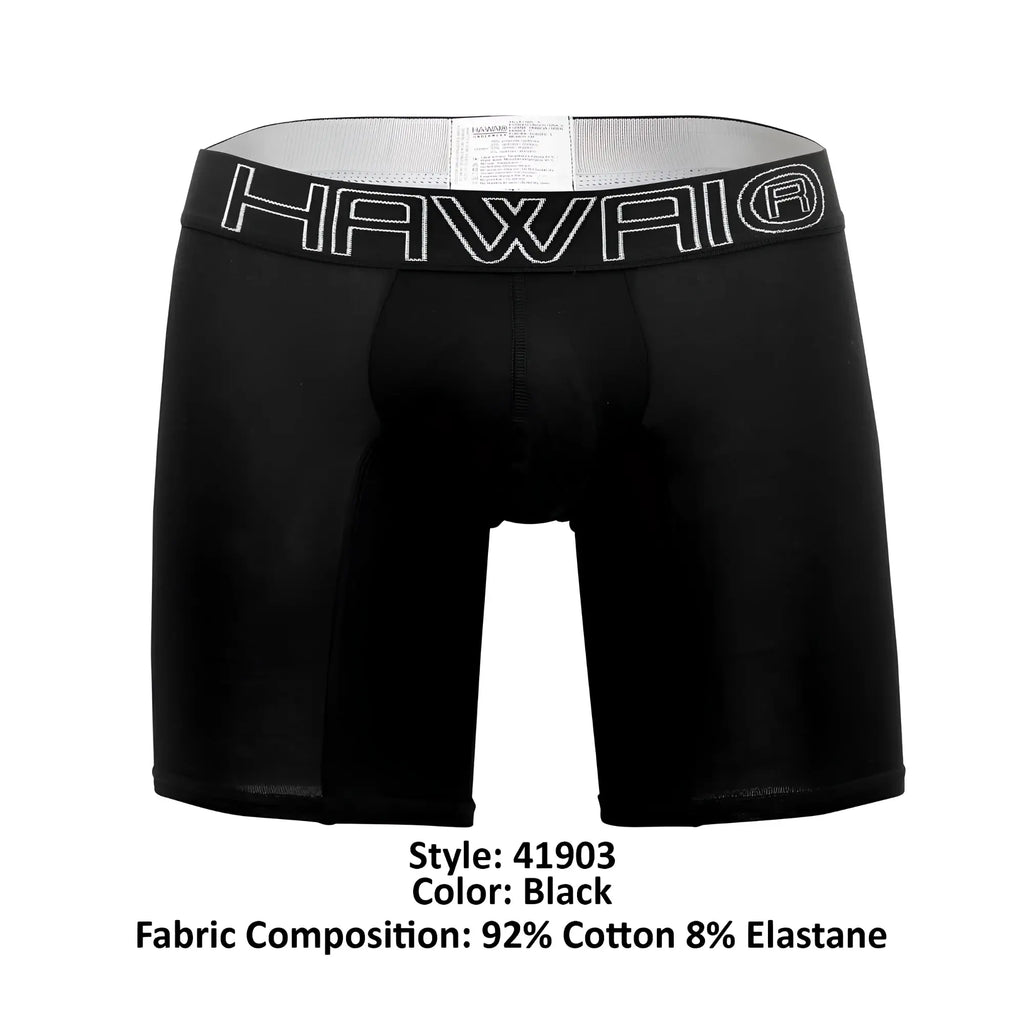 Black hawaii solid athletic boxer briefs in black with gray elastic waistband and white embroidered lettering