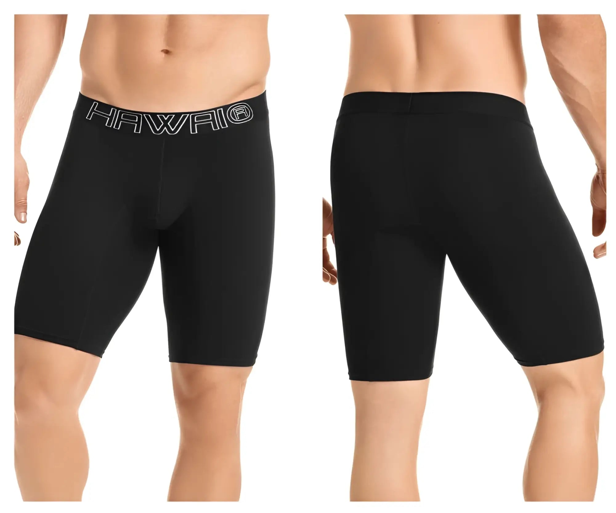Black hawaii brand men’s compression shorts in black with a white logo on the waistband for athletic use