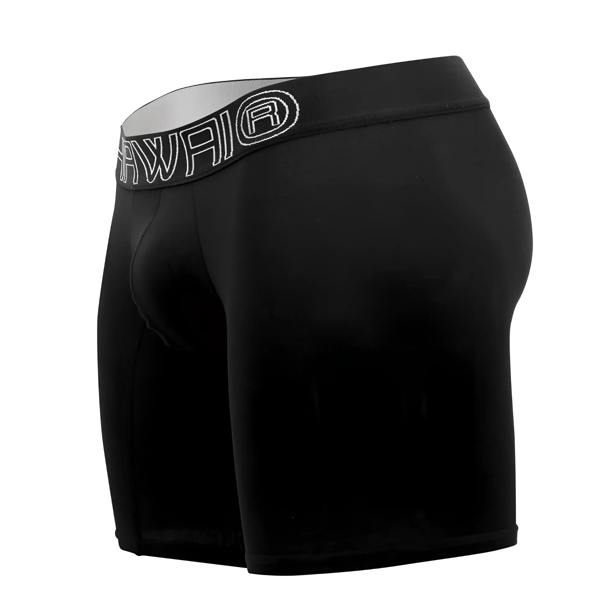 Black men’s athletic boxer briefs in solid black with gray waistband and white hawaiq logo for active wear