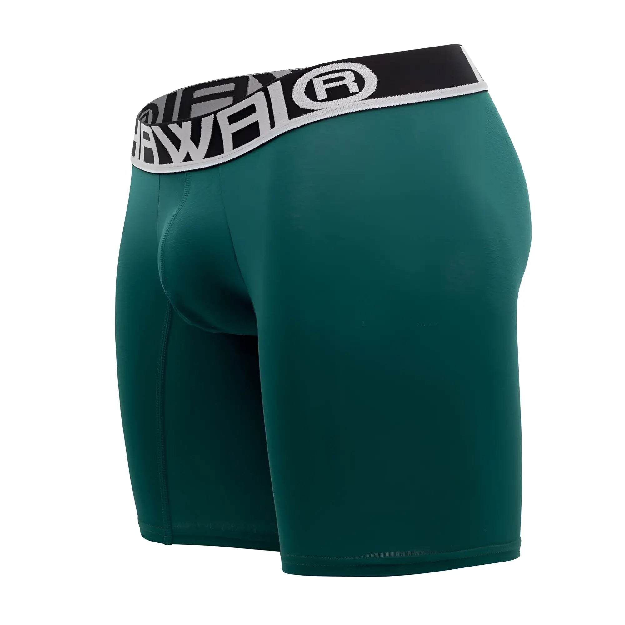 Dark green solid athletic boxer briefs with black and white elastic waistband featuring hawai brand logo