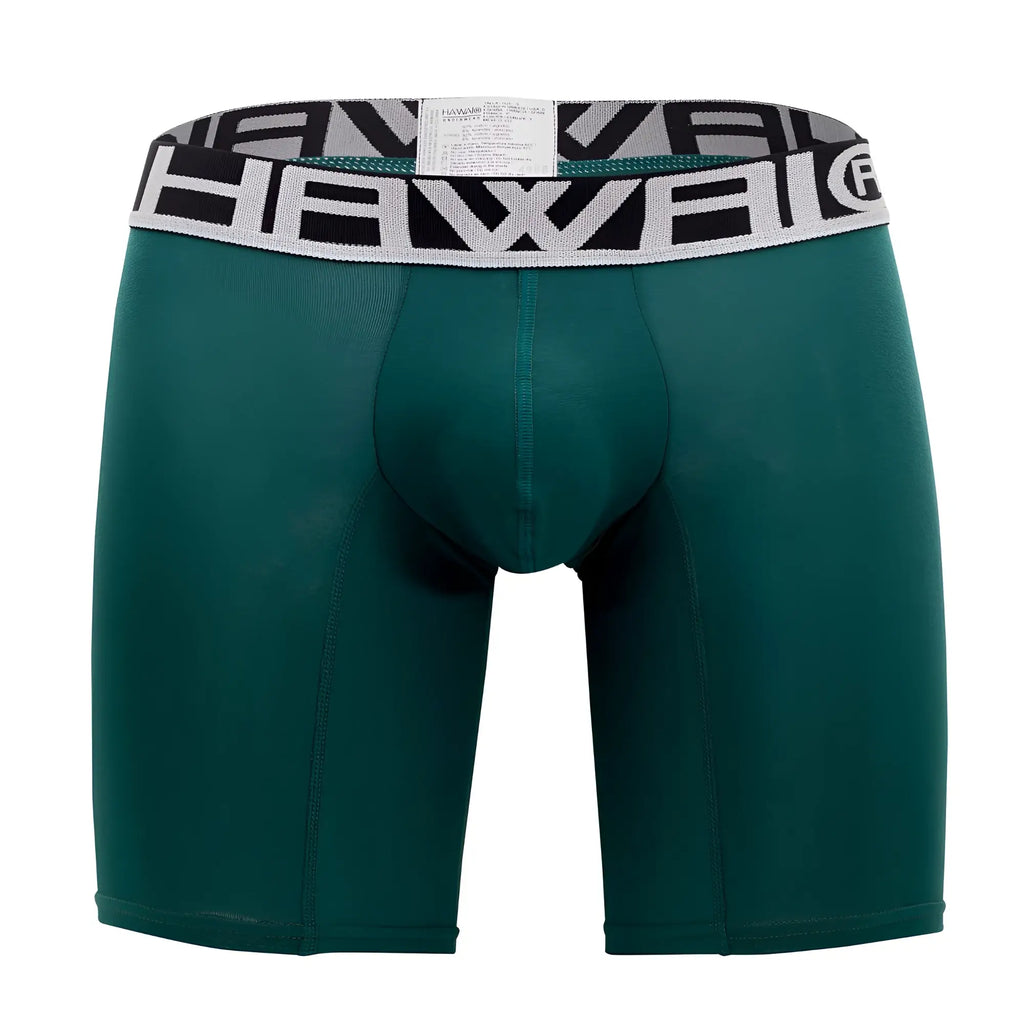Dark green men’s solid athletic boxer briefs with black and white hawaii branded waistband model 41903