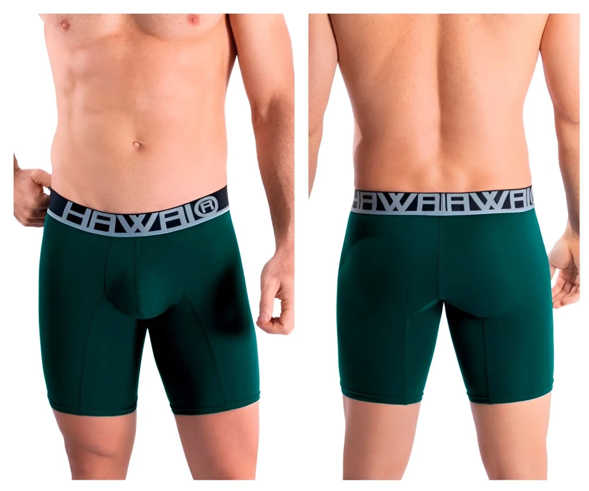 Dark green hawai 41903 solid athletic boxer briefs with black and gray elastic waistband featuring hawaii logo