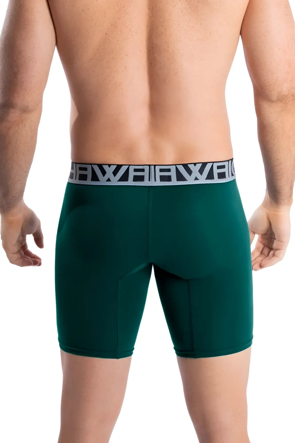 Dark green hawai 41903 solid athletic boxer briefs with gray elastic waistband and black awai logo