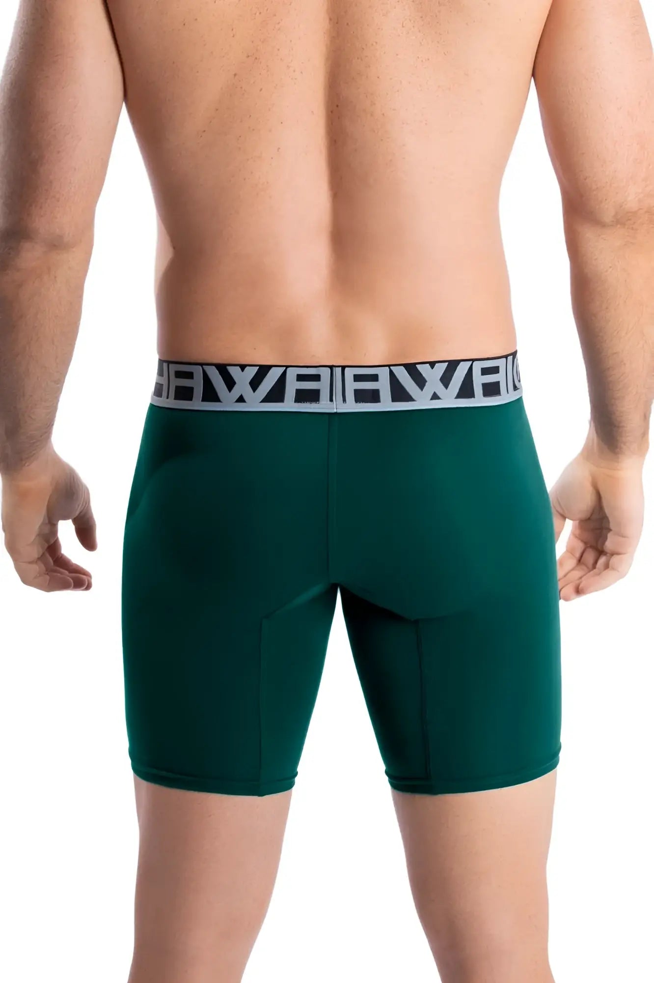 Dark green hawai 41903 solid athletic boxer briefs with gray elastic waistband and black awai logo