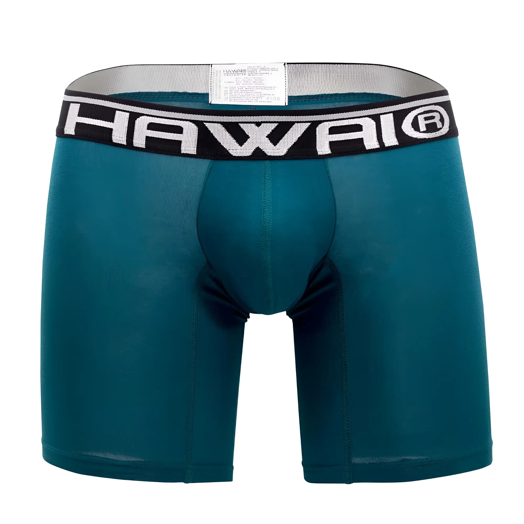 Teal-colored hawaiian brand solid athletic boxer briefs with black waistband and white lettering in color petrol