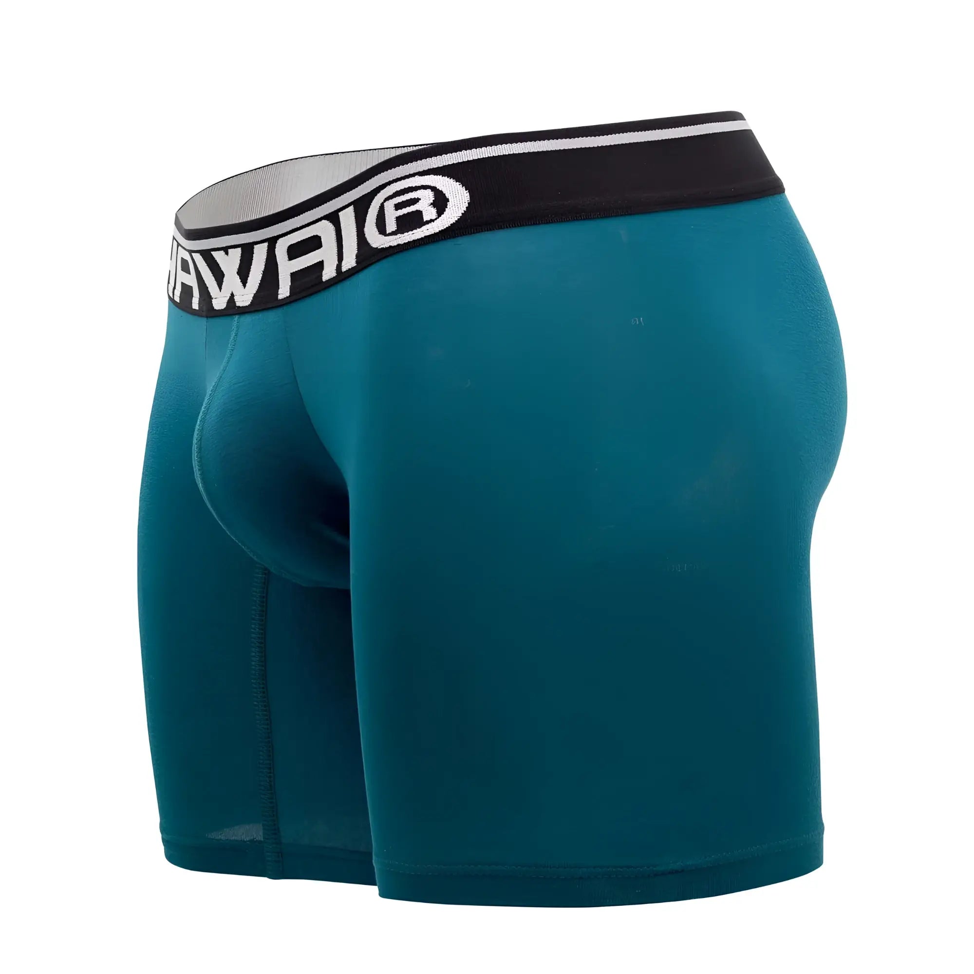 Teal men’s boxer briefs with black waistband and white hawai logo designed for athletic comfort petrol color