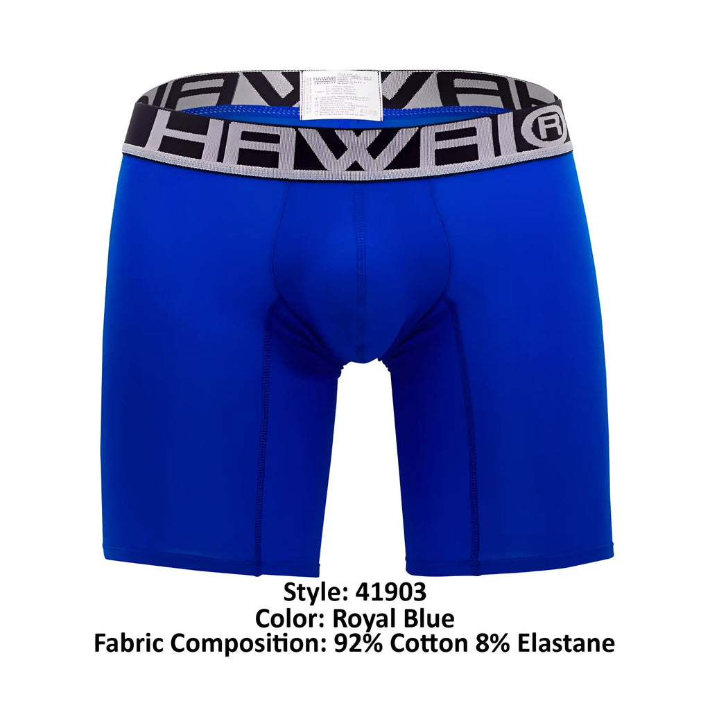 Royal blue HAWAI 41903 solid athletic boxer briefs with a black and gray patterned waistband featuring the logo
