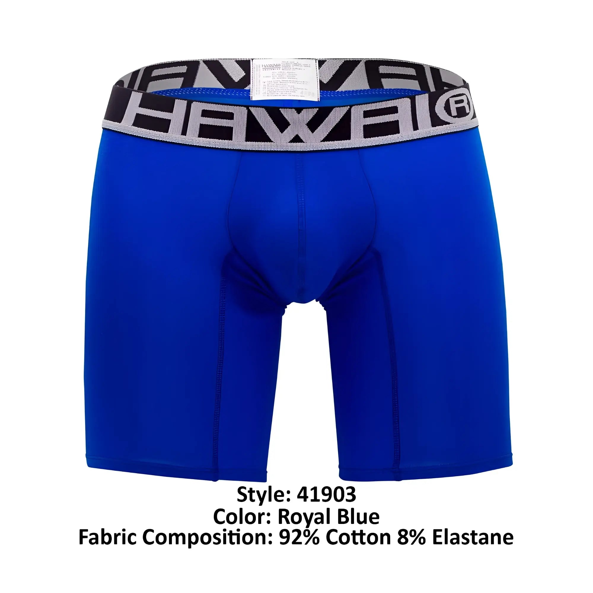 Royal blue HAWAI 41903 solid athletic boxer briefs with a black and gray patterned waistband featuring the logo
