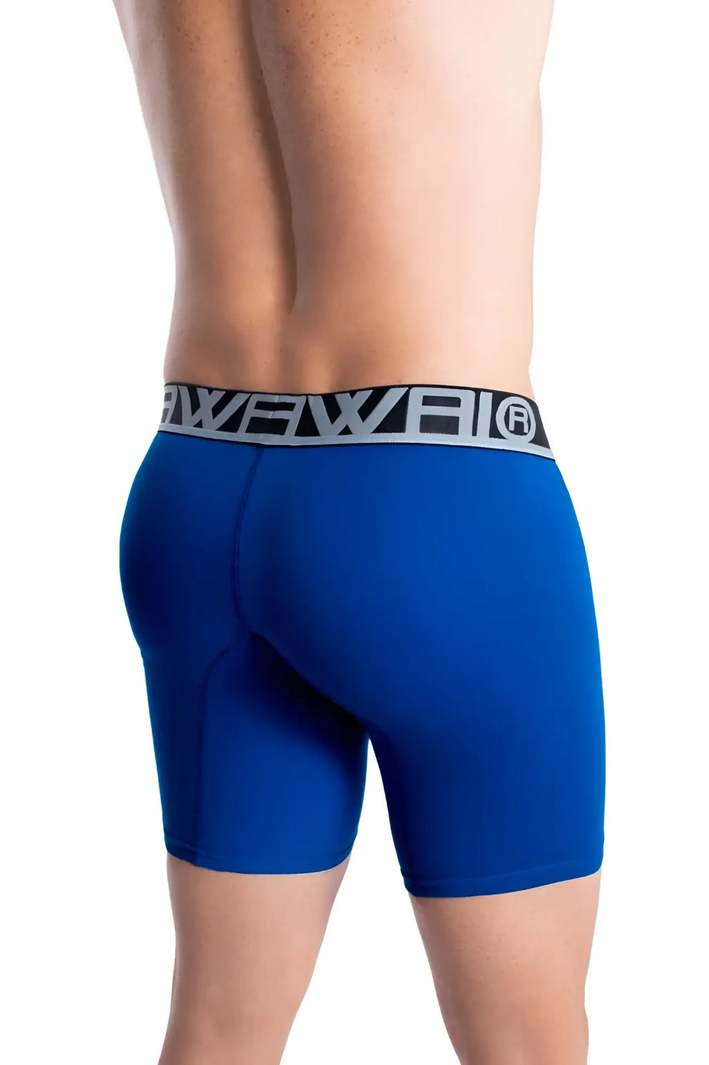 Blue men’s rave athletic boxer briefs with a black and gray waistband in royal blue solid color
