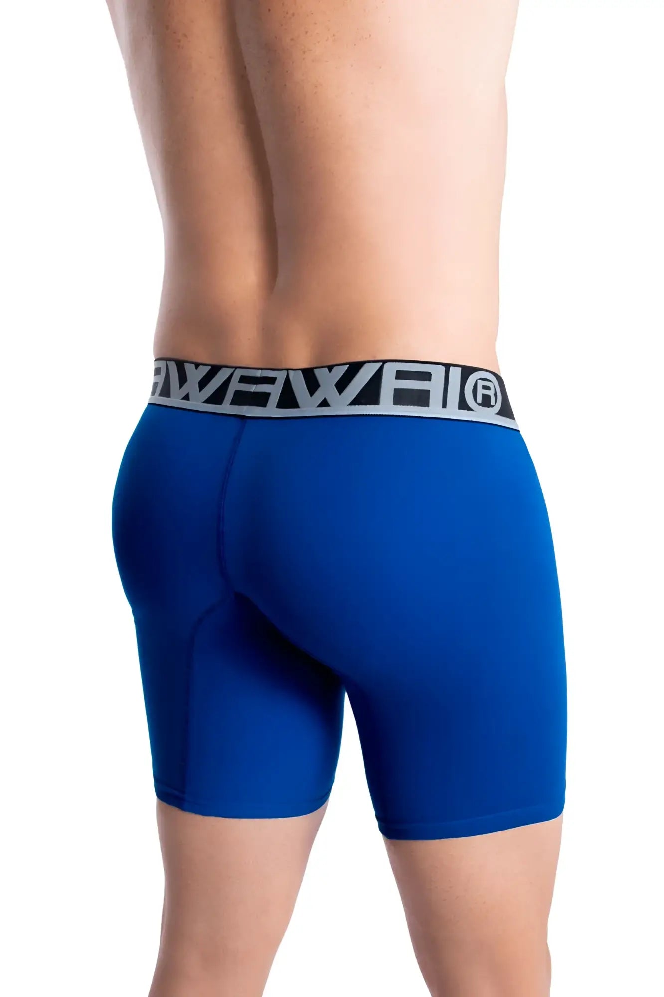 Blue men’s rave athletic boxer briefs with a black and gray waistband in royal blue solid color