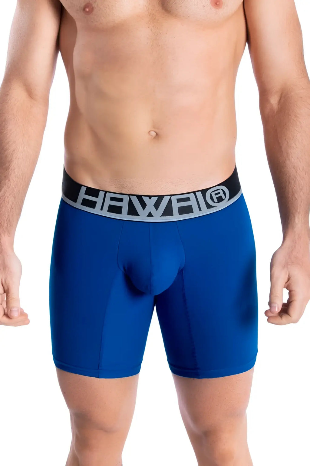 Blue royal athletic boxer briefs with black waistband and silver hawaii logo for comfortable active wear