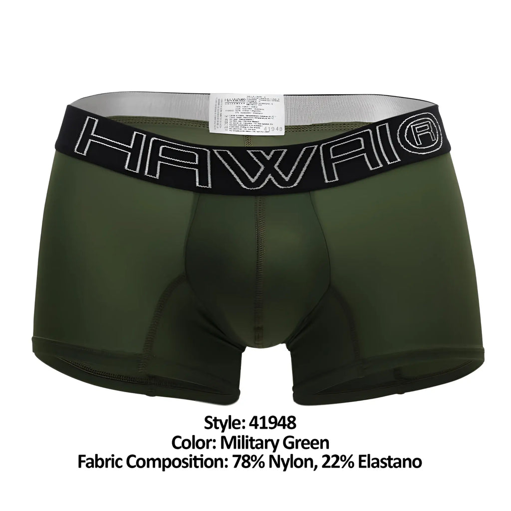 Military green hawaii brand boxer briefs with black waistband and white outlined lettering, front view