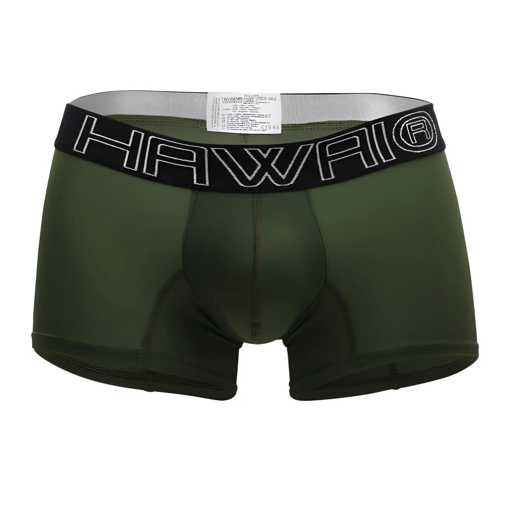 Olive green men’s boxer briefs with black elastic waistband and white hawaii logo for comfortable everyday wear