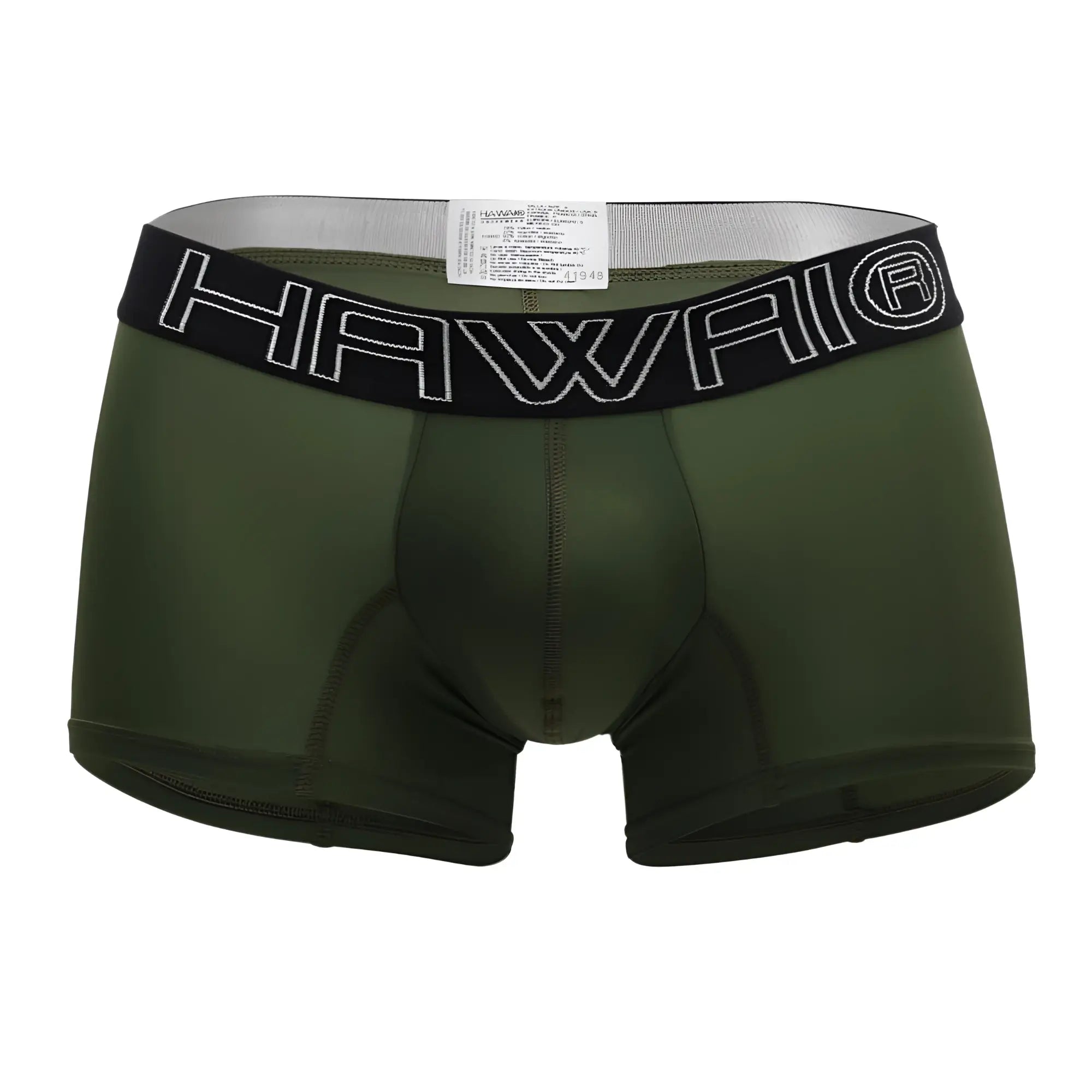 Olive green men’s boxer briefs with black elastic waistband and white hawaii logo for comfortable everyday wear
