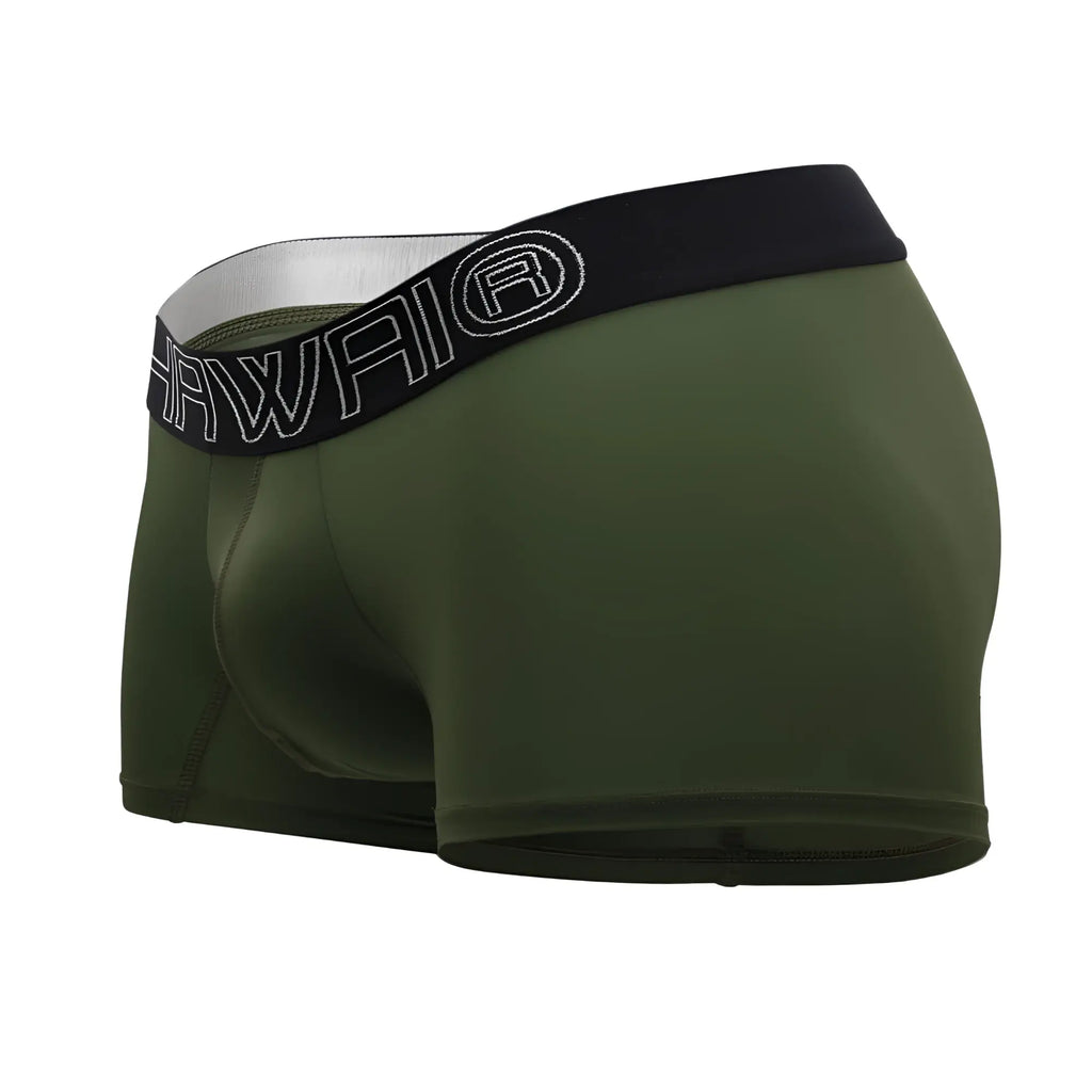 Olive green men’s boxer briefs with black elastic waistband featuring hawaii logo in white outlined lettering