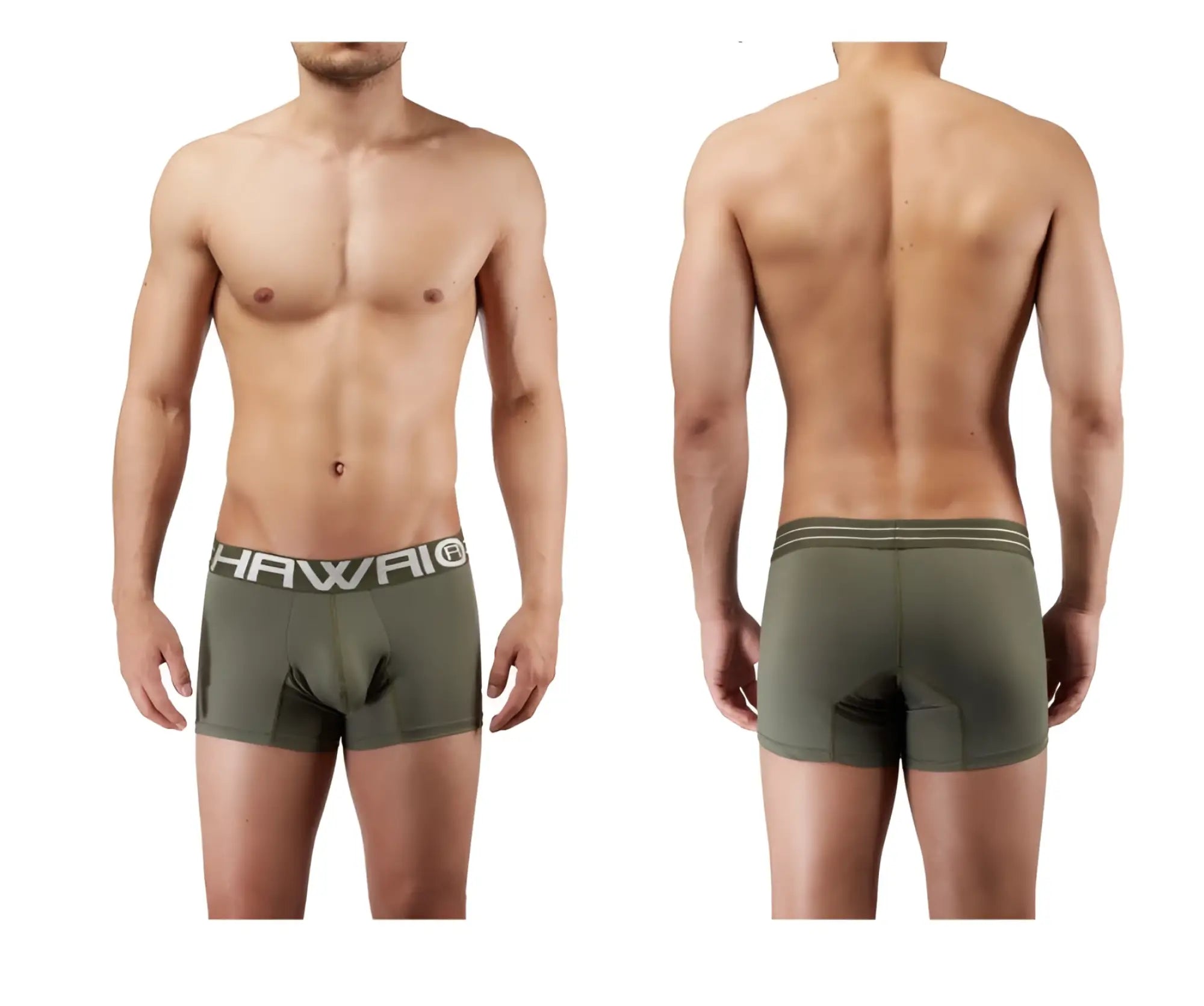 Olive green hawai 41948 men’s boxer briefs with gray waistband and white hawaii logo for comfortable wear