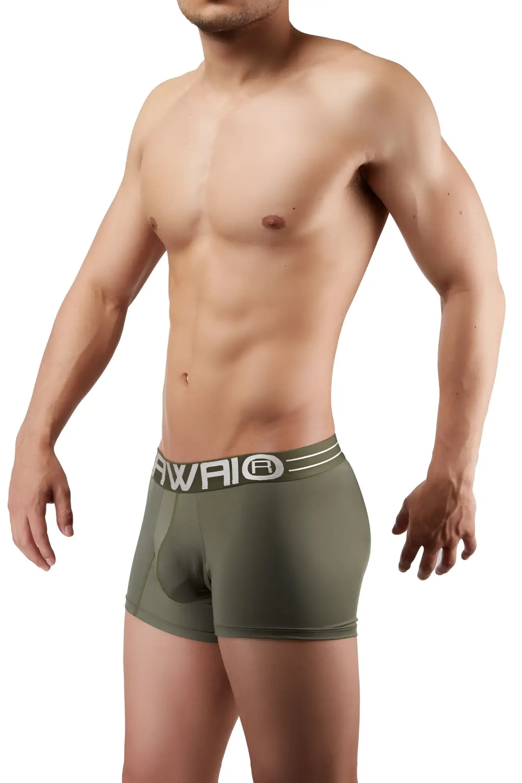 Olive green boxer briefs with white awai logo and dual stripes on waistband in military green color