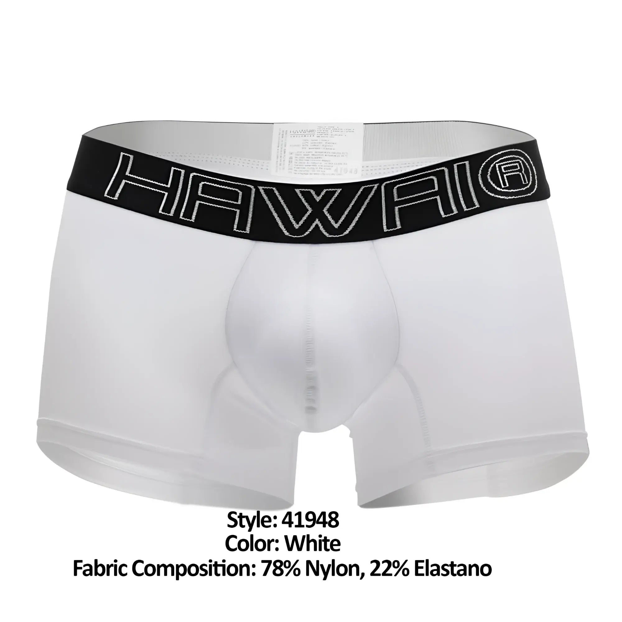 White hawaii brand boxer briefs in white with a black elastic waistband featuring white outlined lettering
