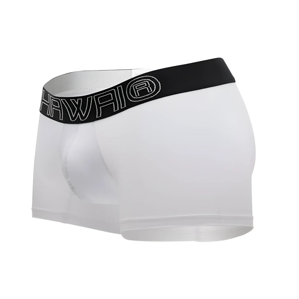 White men’s boxer briefs with black elastic waistband featuring hawaii logo in white lettering color white