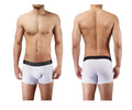 White men’s boxer briefs with a black waistband featuring the hawaii logo in white lettering model 41948