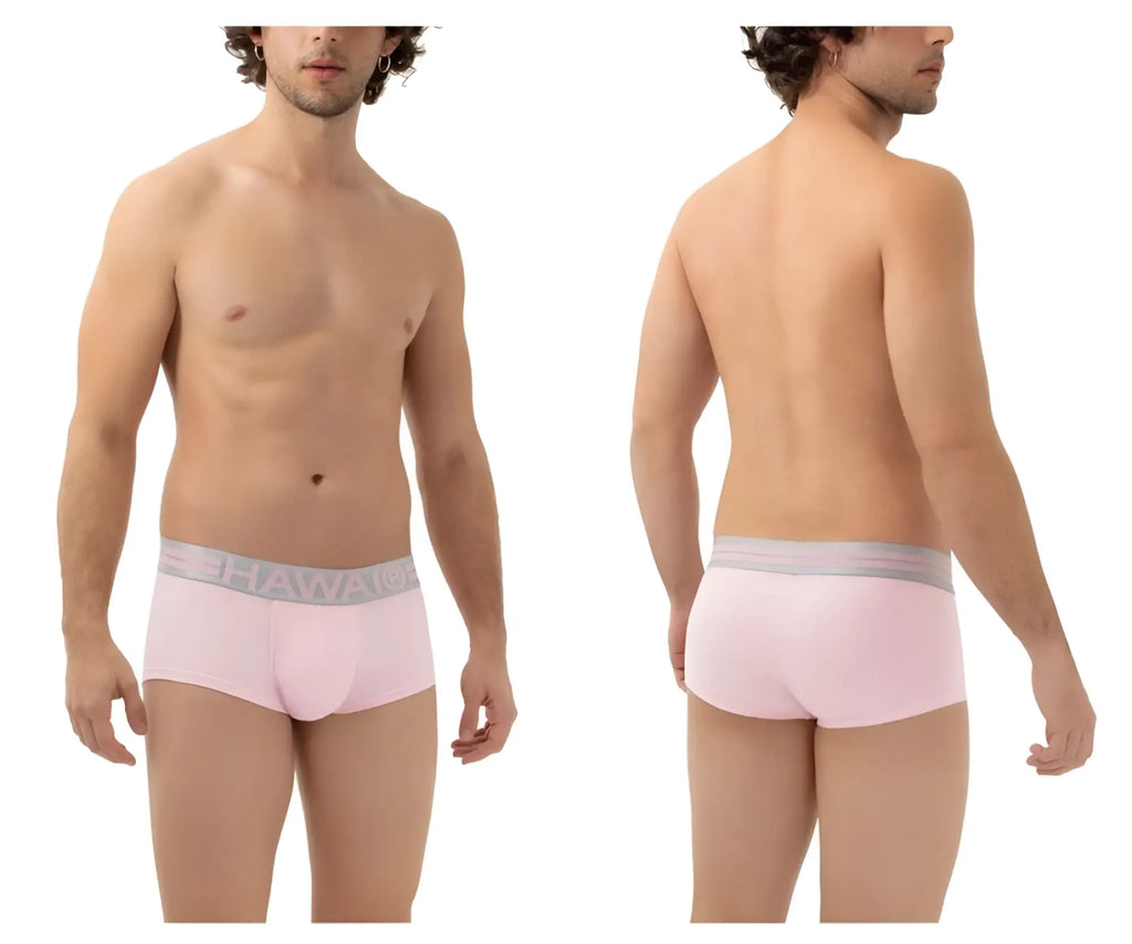 Pink hawaii cotton trunks with gray elastic waistband featuring white brand name lettering