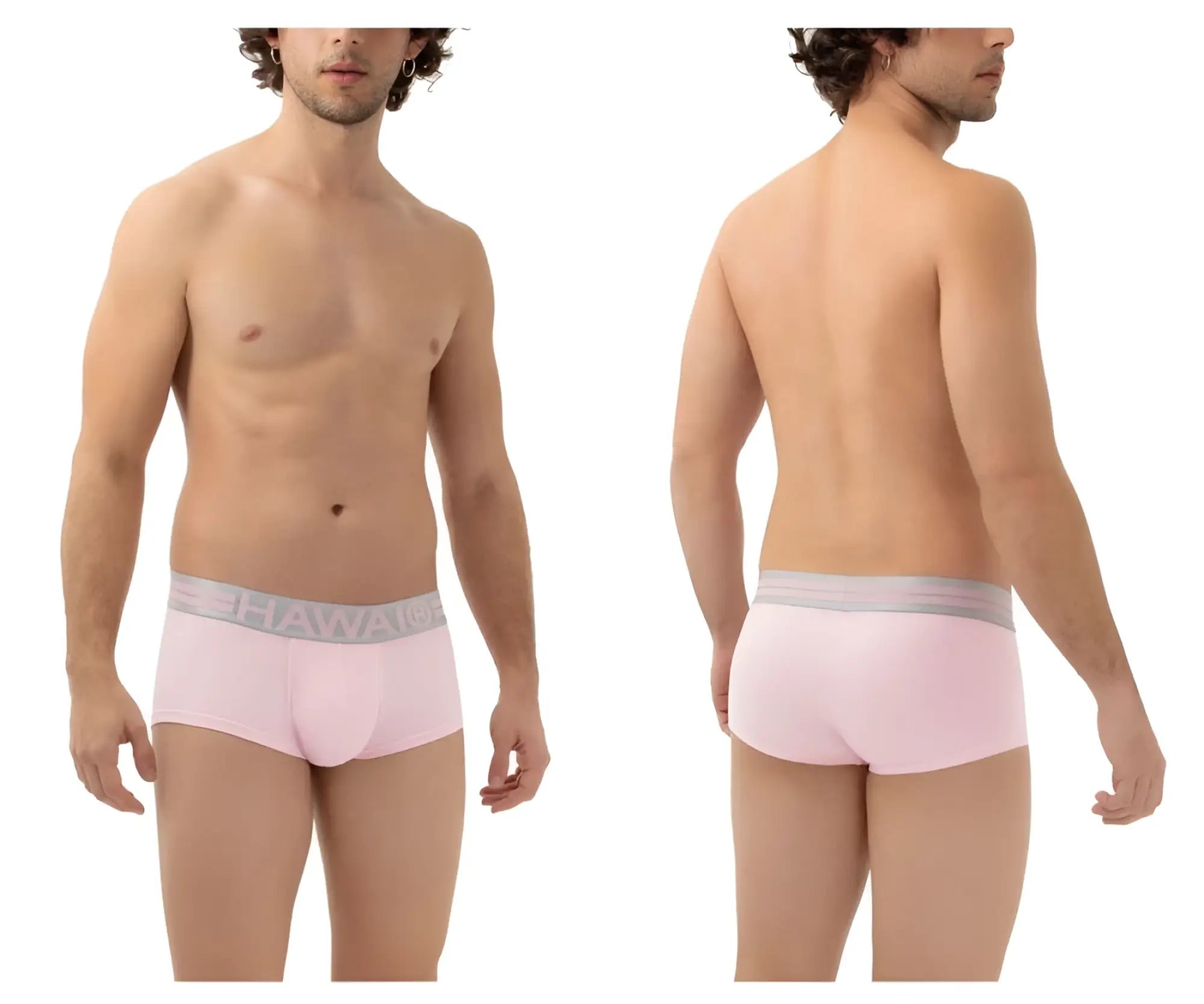 Pink hawaii cotton trunks with gray elastic waistband featuring white brand name lettering