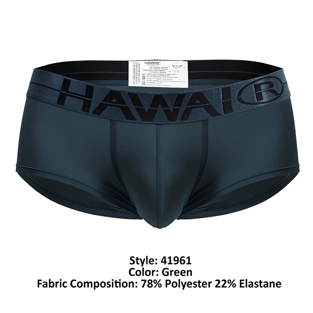 Dark green hawaii 41961 microfiber briefs with black waistband featuring brand name and logo
