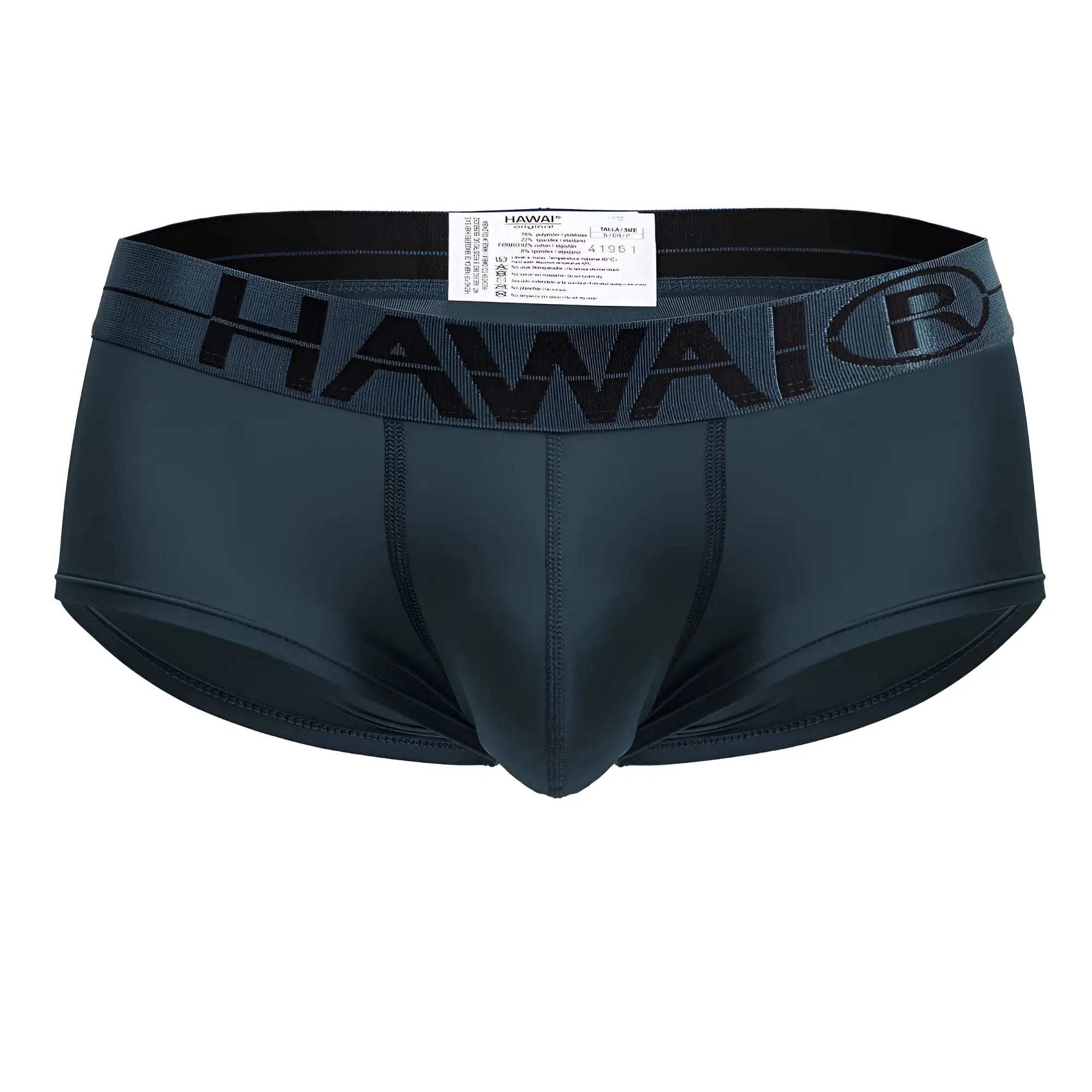 Dark teal Hawaii® men’s microfiber briefs with black elastic waistband and brand logo in color green